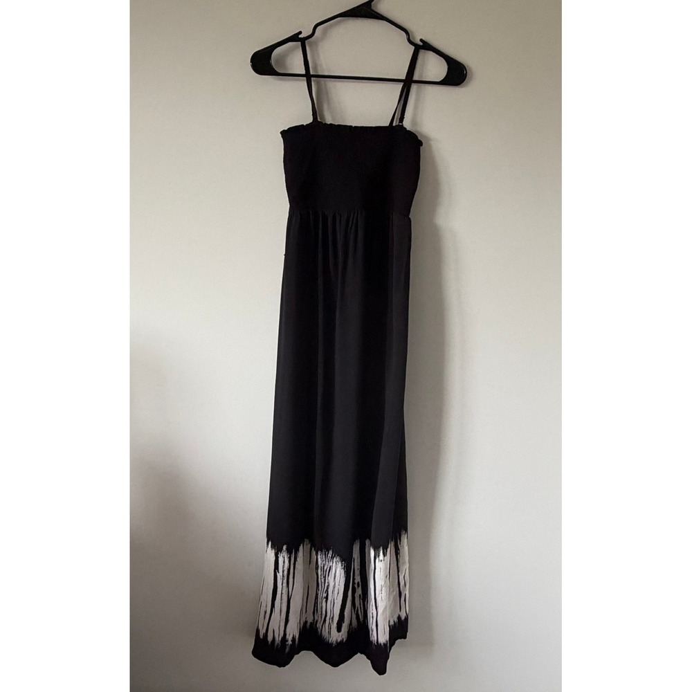 A Pea in the Pod Maternity Dress Black Smocked Maxi Tie Dye Rayon S‎ Boho READ